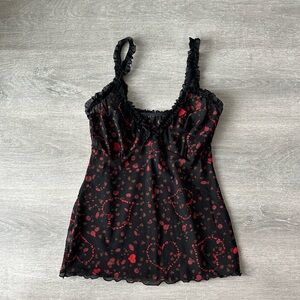 Antz Pantz Vintage Y2K black & red heart sheer babydoll cami with ruffle straps